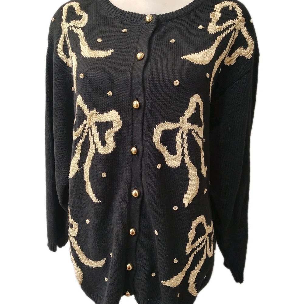 Dress Barn Womens‎ Holiday Cardigan Plus Sz 18/20 Button Down Gold Bows Coquette